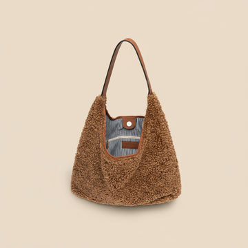 Anaïs Faux Shearling & Leather Hobo Handbag by Clemés in Mocha, pocket detail