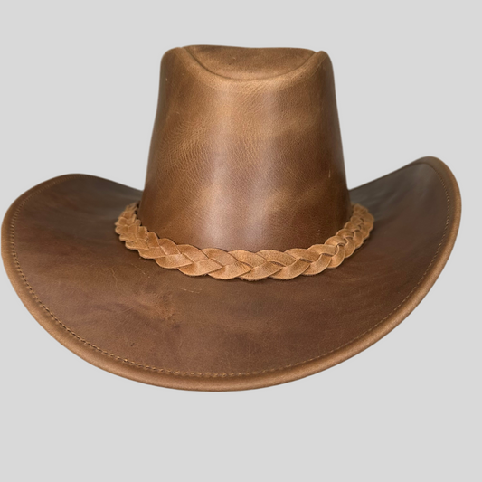 Cowhide Leather Handmade Western Outback Cowboy Hat, Maven, Chestnut Brown