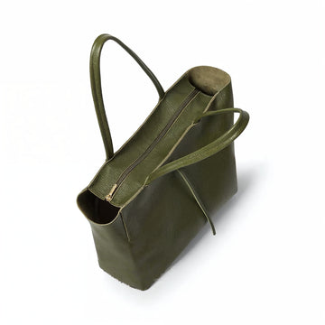 Carlotta Oversized Leather Tote by Clemés in Olive Green, flat lay