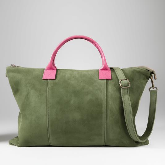 Milano Suede Bag, Olive, with Adjustable Shoulder Strap, Fuchsia & Green Leather Handles by Clemés