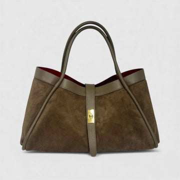 Bianca Large Suede Handbag by Clemés in Taupe, three-quarter studio shot on grey background