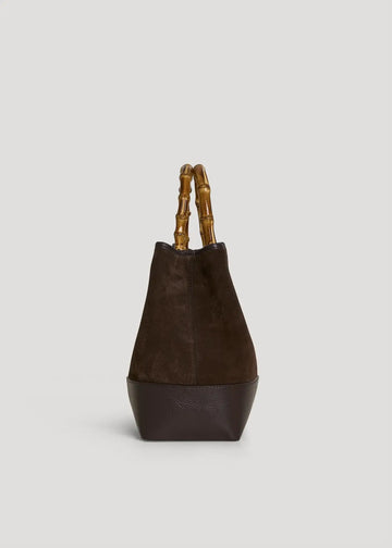 Ginevra Suede Bamboo Tote Bag by Clemés in Dark Brown, bucket bag studio shot
