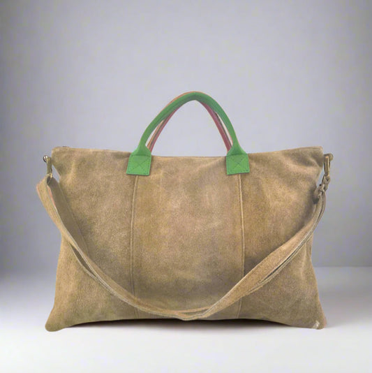 Milano Suede Bag, Taupe, with Adjustable Shoulder Strap, Fuchsia & Green Leather Handles by Clemés