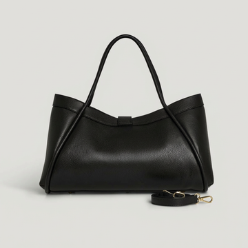 Bianca Large Leather Handbag by Clemés in Black, studio shot with strap