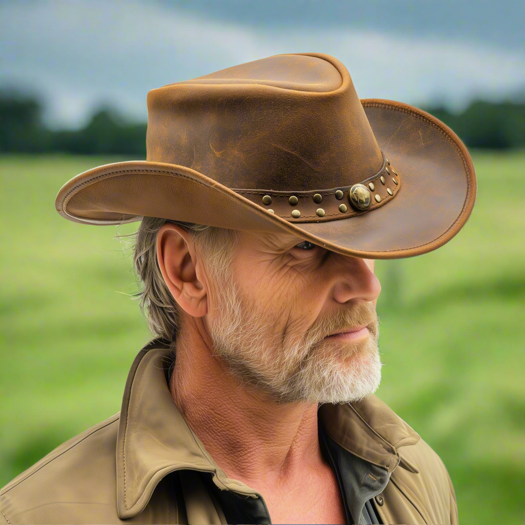 Genuine Cowhide Leather Handmade Western Outback Cowboy Hat, Drifter, Mocha