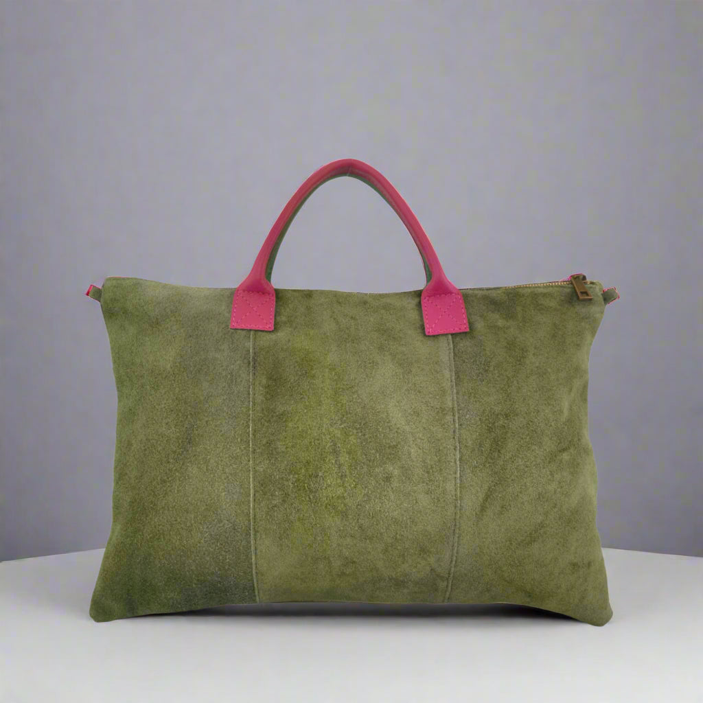 Milano Suede Bag, Olive, with Adjustable Shoulder Strap, Fuchsia & Green Leather Handles by Clemés