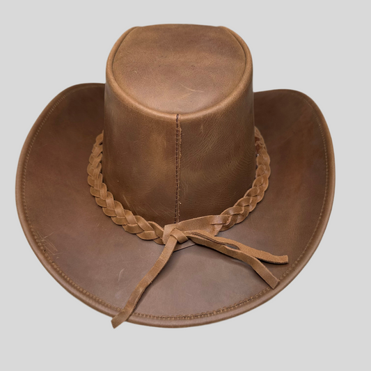 Cowhide Leather Handmade Western Outback Cowboy Hat, Maven, Chestnut Brown