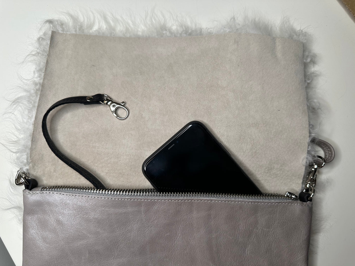 Sheepskin Crossbody Bag Clutch, Ivory and Grey