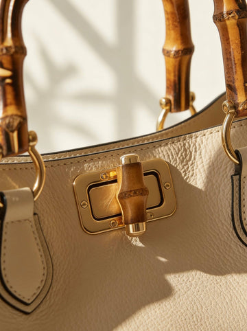 Ginevra Bamboo-Handle Leather Bag by Clemés in Light Taupe, bamboo handle detail