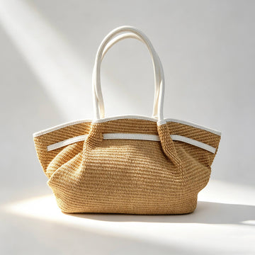 Serafina Raffia & Leather Shopper by Clemés in Oyster, studio shot