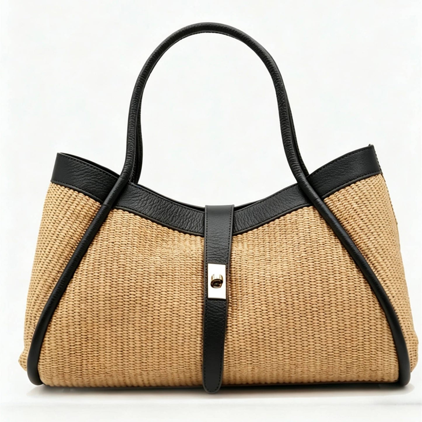 Bianca Large Raffia Handbag by Clemés in Dark Brown, studio shot with contrast trim