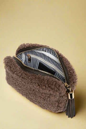 Georgette Shearling & Leather Tassel Camera Bag by Clemés in Taupe, interior view