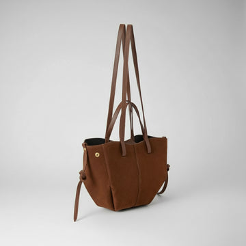 Liviana Suede & Leather Tote Bag by Clemés in Chocolate, studio shot with tall straps