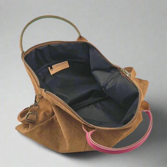 Milano Suede Bag, Tan, with Adjustable Shoulder Strap, Fuchsia & Green Leather Handles by Clemés