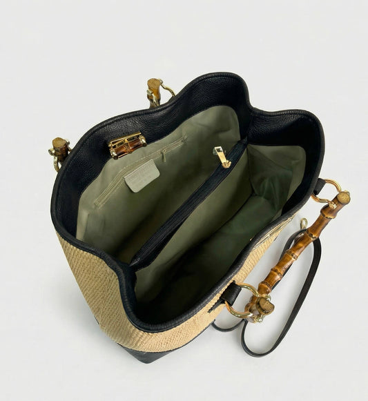 Ginevra Bamboo-Handle Raffia Bag by Clemés, side view showing bamboo handles