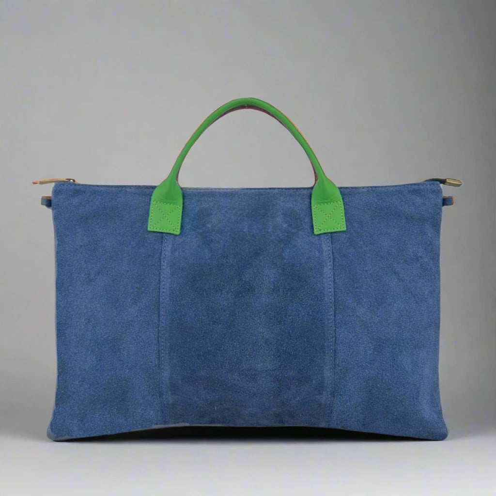 Milano Suede Bag, Blue, with Adjustable Shoulder Strap, Fuchsia & Green Leather Handles by Clemés
