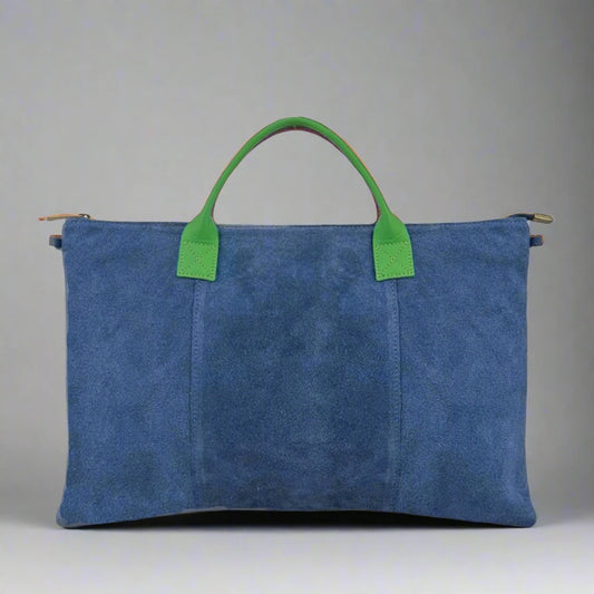 Milano Suede Bag, Blue, with Adjustable Shoulder Strap, Fuchsia & Green Leather Handles by Clemés