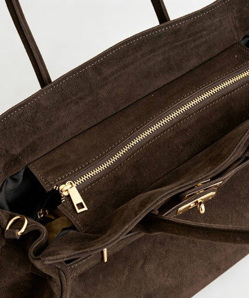 Zoe Suede Tote by Clemés - Dark Brown - interior zip pocket