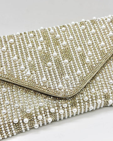 Perlette Pearl & Crystal Envelope Clutch by Clemés in Gold, studio shot