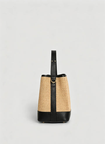 Cosima Raffia & Leather Bag by Clemés in Black, studio shot with contrast trim