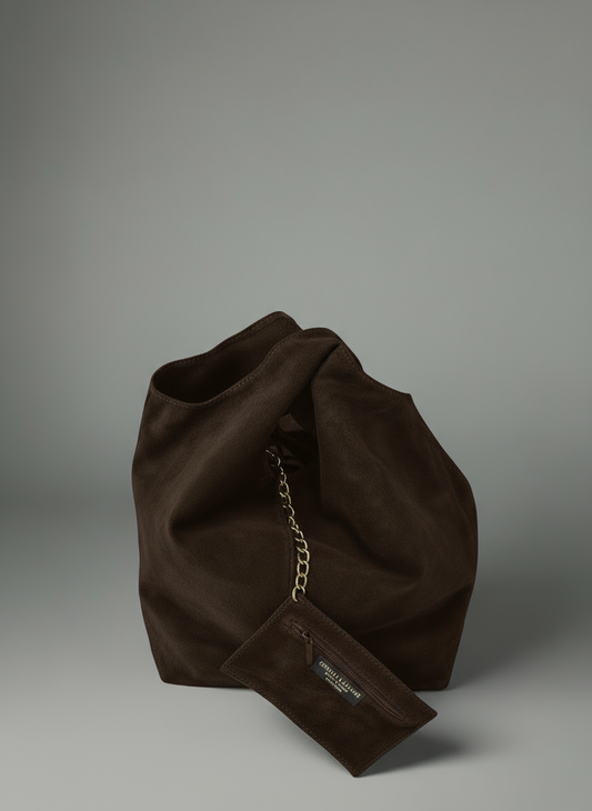 Giannina Suede Leather Shoulder Tote Bag With Internal Pouch by Clemés (Chocolate)