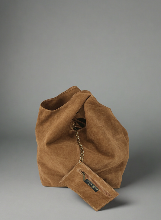 Giannina Suede Leather Shoulder Tote Bag With Internal Pouch by Clemés (Tan)