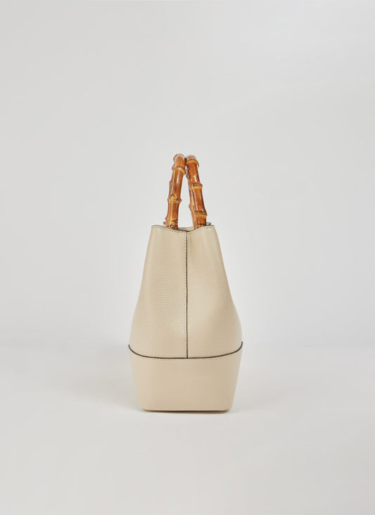 Ginevra Bamboo-Handle Leather Bag by Clemés in White, bucket bag studio shot