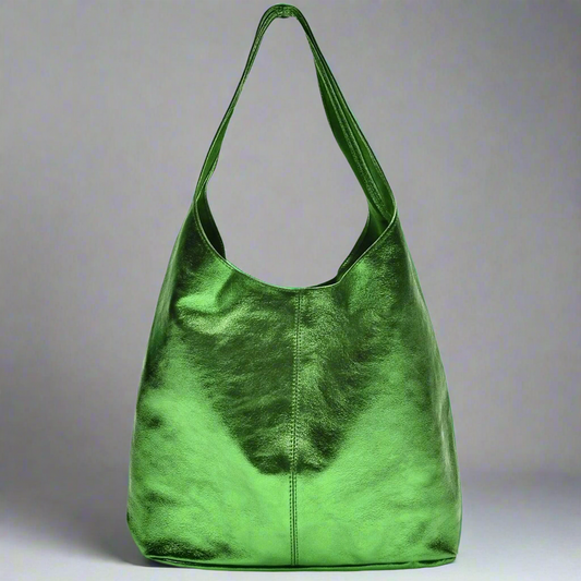 Silvia Metallic Suede Slouch Bag by Clemés, Green