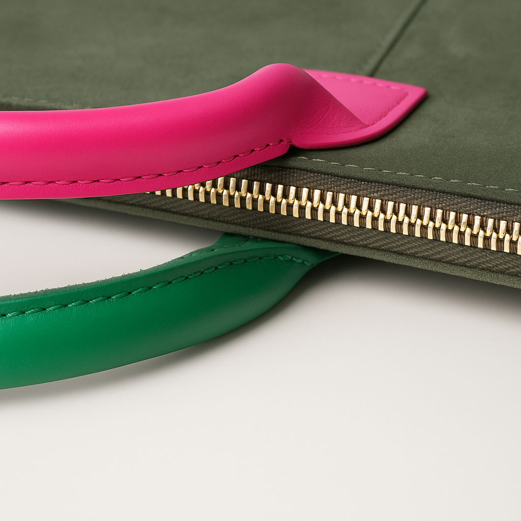 Milano Suede Bag, Taupe, with Adjustable Shoulder Strap, Fuchsia & Green Leather Handles by Clemés