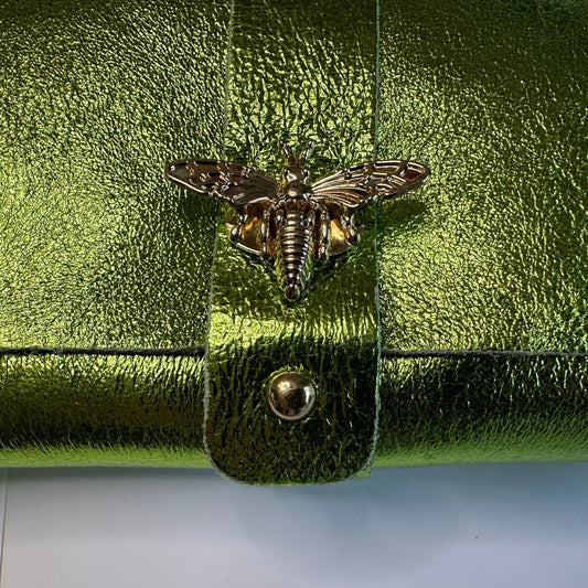 Anima Suede Leather Metallic Clutch Shoulder Bag by Clemés in Apple Green, bee-clasp detail