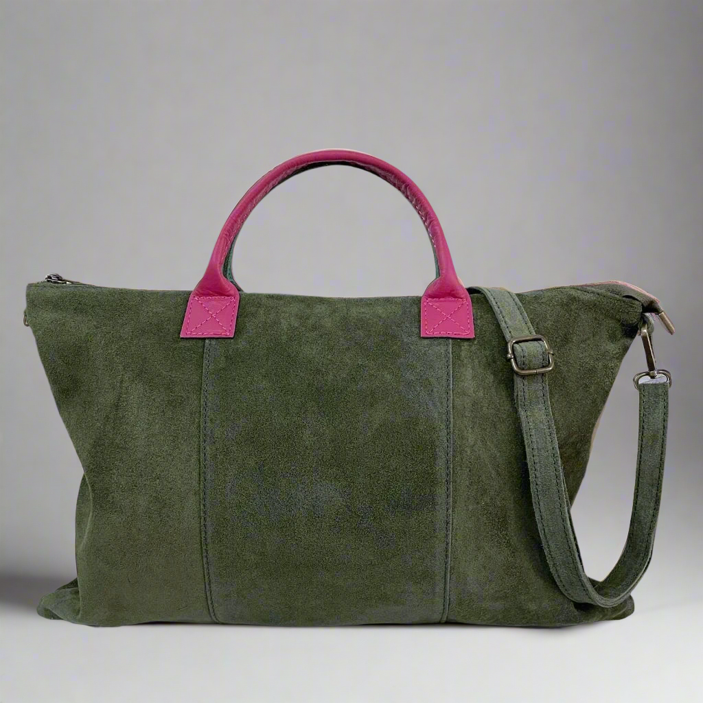 Milano Suede Bag, Olive, with Adjustable Shoulder Strap, Fuchsia & Green Leather Handles by Clemés
