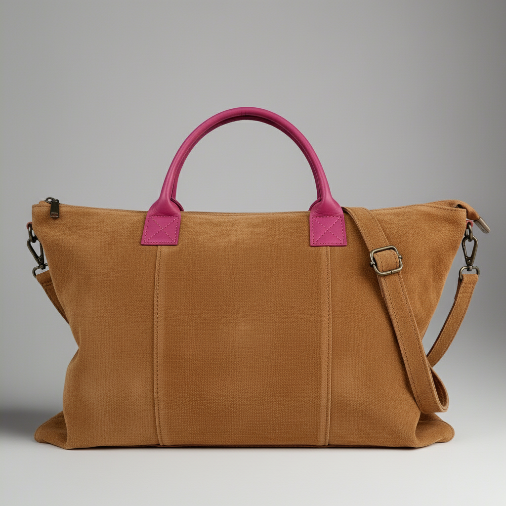 Milano Suede Bag, Olive, with Adjustable Shoulder Strap, Fuchsia & Green Leather Handles by Clemés