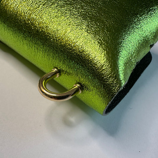 Anima Suede Leather Metallic Clutch Shoulder Bag by Clemés in Apple Green, gold hardware detail