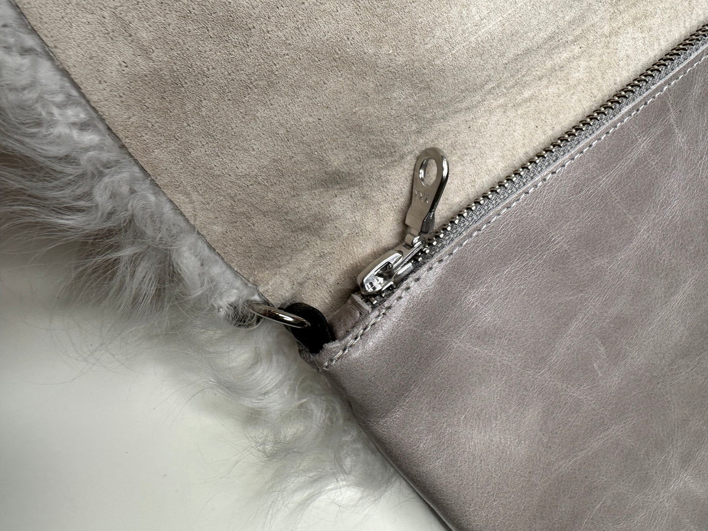 Sheepskin Crossbody Bag Clutch, Ivory and Grey