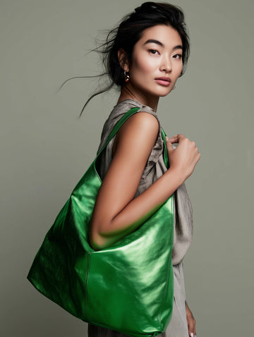 Silvia Metallic Suede Slouch Bag by Clemés, Green