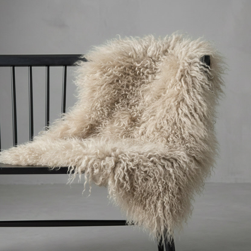 Natural Premium Tibetan Mongolian Sheepskin Rug/Throw, Single, Large (L95 x W60 cm), Oyster