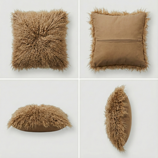 Natural Premium Mongolian Tibetan Sheepskin Cushion, 40 x 40 cm (2 Colours)