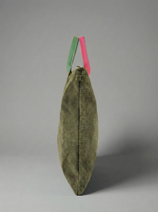 Milano Suede Bag, Olive, with Adjustable Shoulder Strap, Fuchsia & Green Leather Handles by Clemés