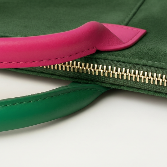 Milano Suede Bag, Olive, with Adjustable Shoulder Strap, Fuchsia & Green Leather Handles by Clemés