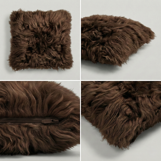 Double-Sided Natural Premium New Zealand Sheepskin Cushion, 35 x 35 cm, Dark Chocolate