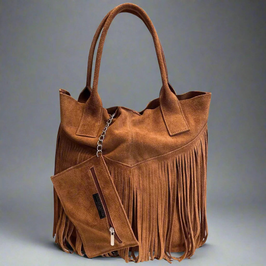 Isadora Suede Fringe Leather Tote Bag with Matching Jewellery Case by Clemés (4 Colours)