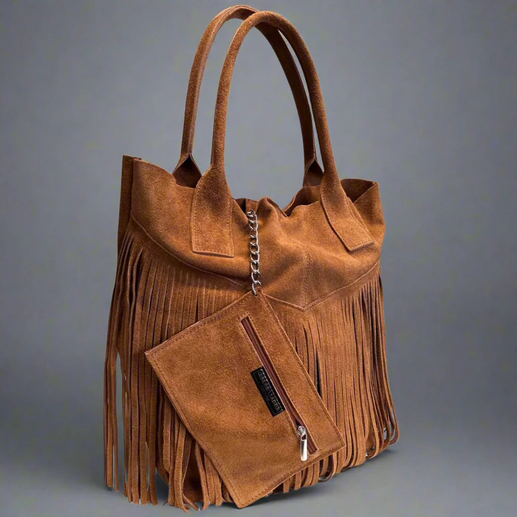 Isadora Suede Fringe Leather Tote Bag with Matching Jewellery Case by Clemés (4 Colours)