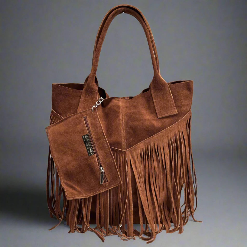 Isadora Suede Fringe Leather Tote Bag with Matching Jewellery Case by Clemés (4 Colours)