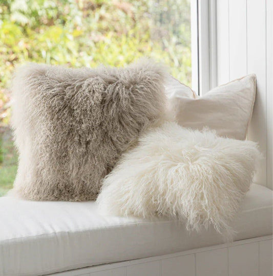 Natural Premium Mongolian Tibetan Sheepskin Cushion, 40 x 40 cm (2 Colours)