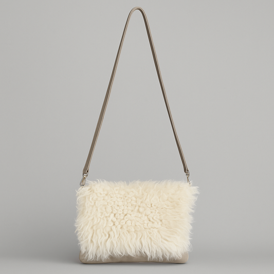 Sheepskin Crossbody Bag Clutch, Ivory and Grey