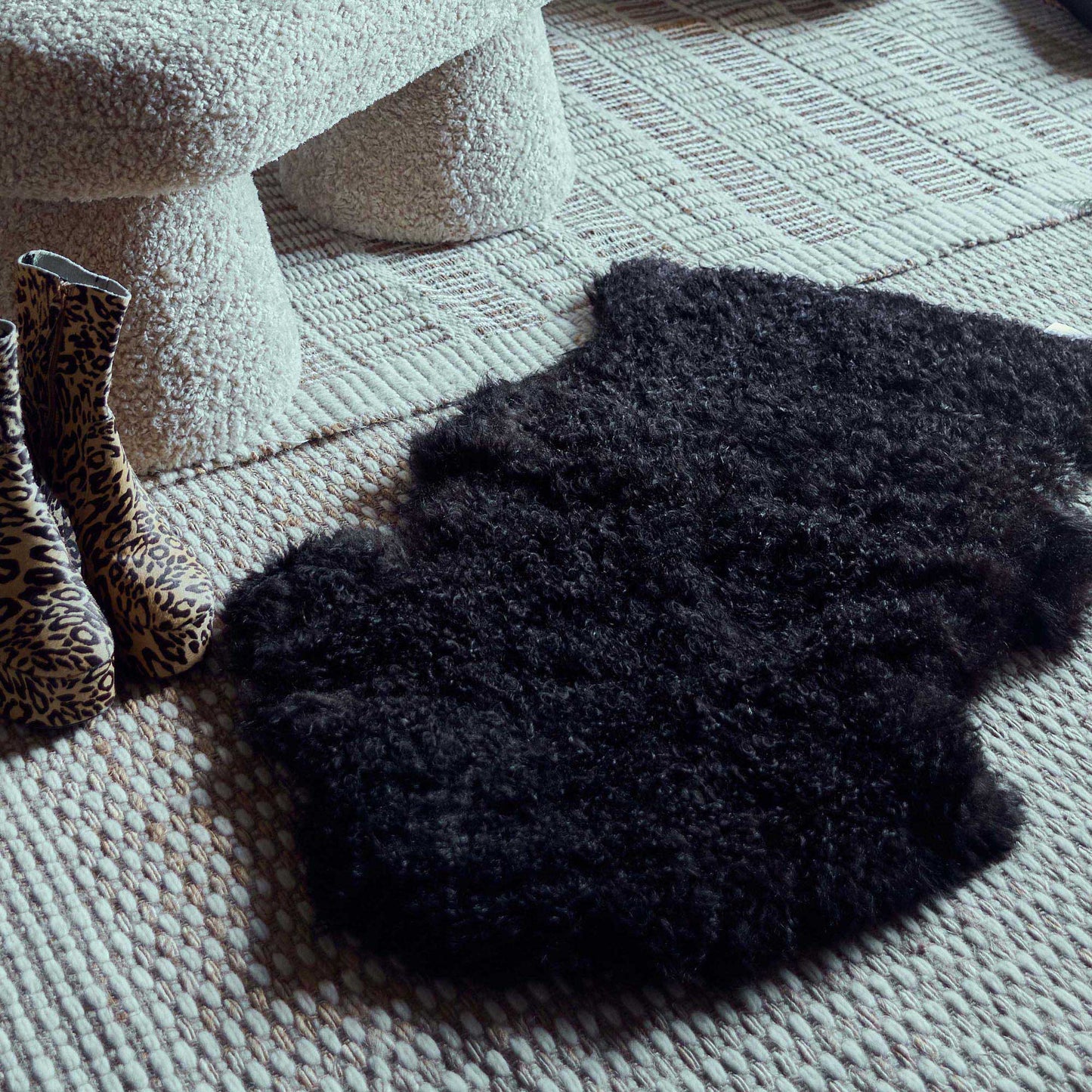 Natural Curly Sheepskin Rug, Black