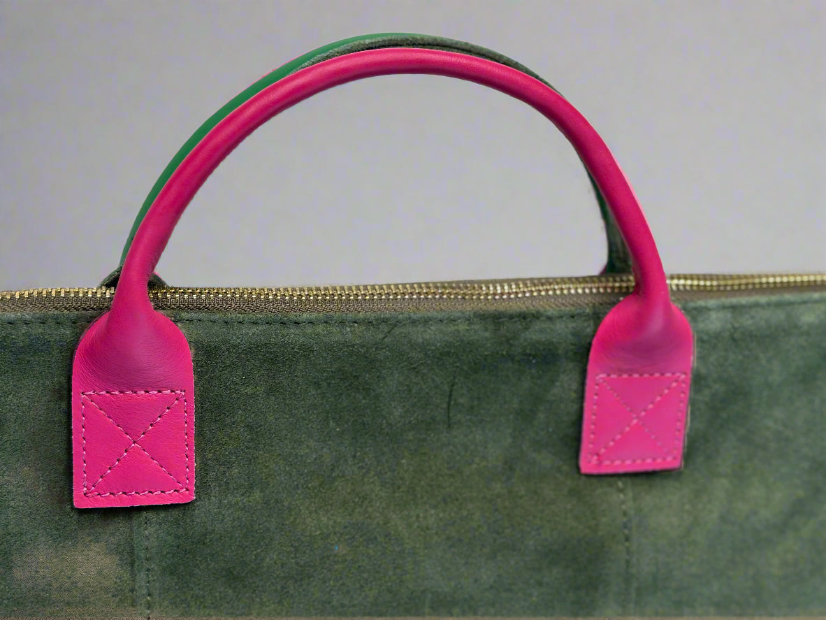 Milano Suede Bag, Olive, with Adjustable Shoulder Strap, Fuchsia & Green Leather Handles by Clemés
