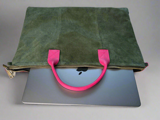 Milano Suede Bag, Olive, with Adjustable Shoulder Strap, Fuchsia & Green Leather Handles by Clemés