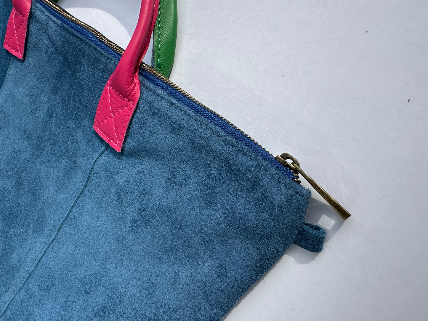 Milano Suede Bag, Blue, with Adjustable Shoulder Strap, Fuchsia & Green Leather Handles by Clemés