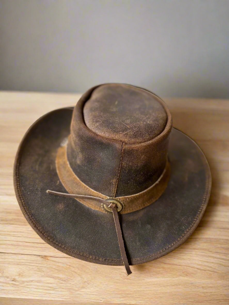 Genuine Cowhide Leather Handmade Western Outback Cowboy Hat, Pioneer, Mocha